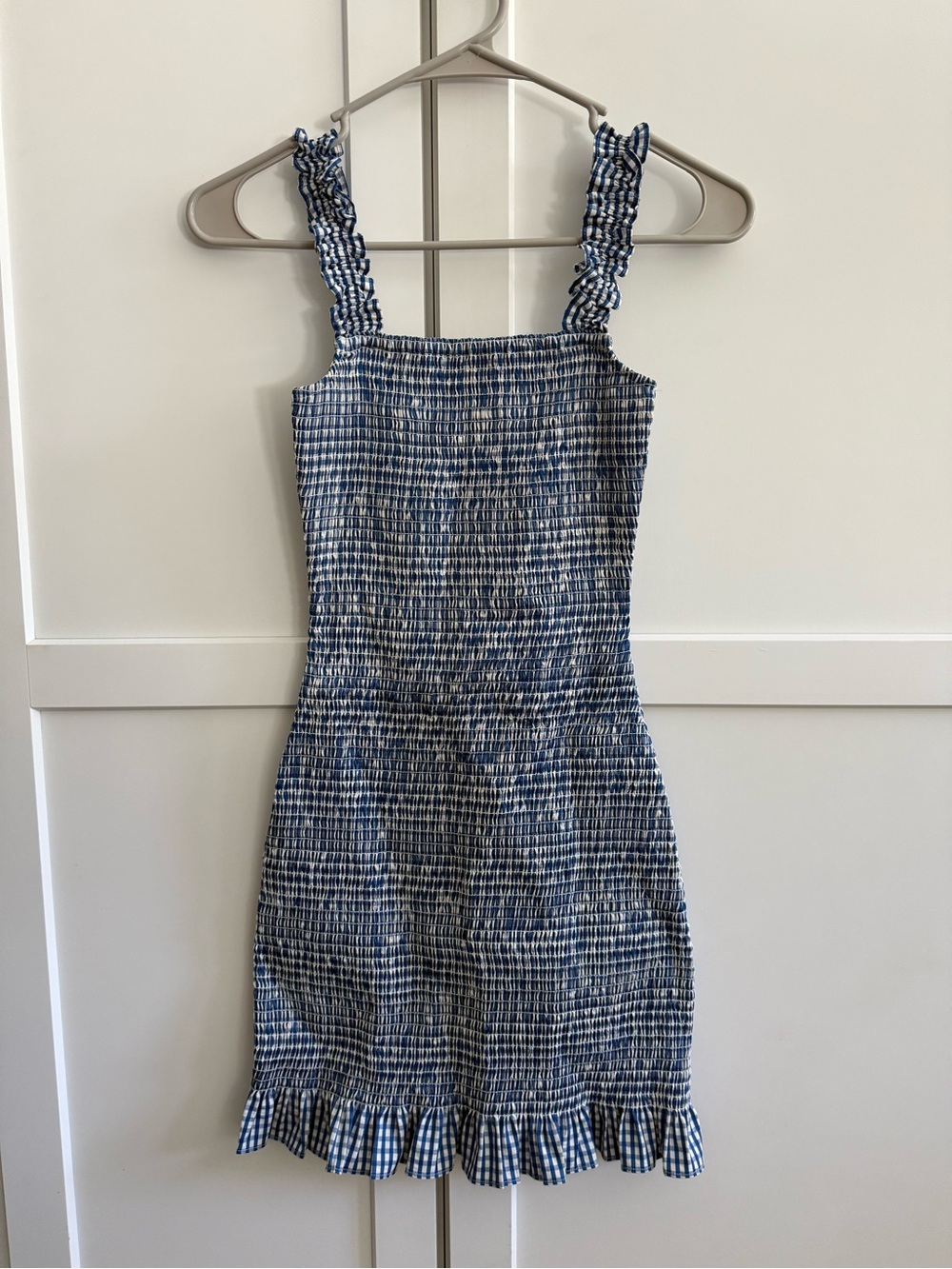 Gianni Bini Blue Gingham Smocked Mini Dress with Ruffle Hem